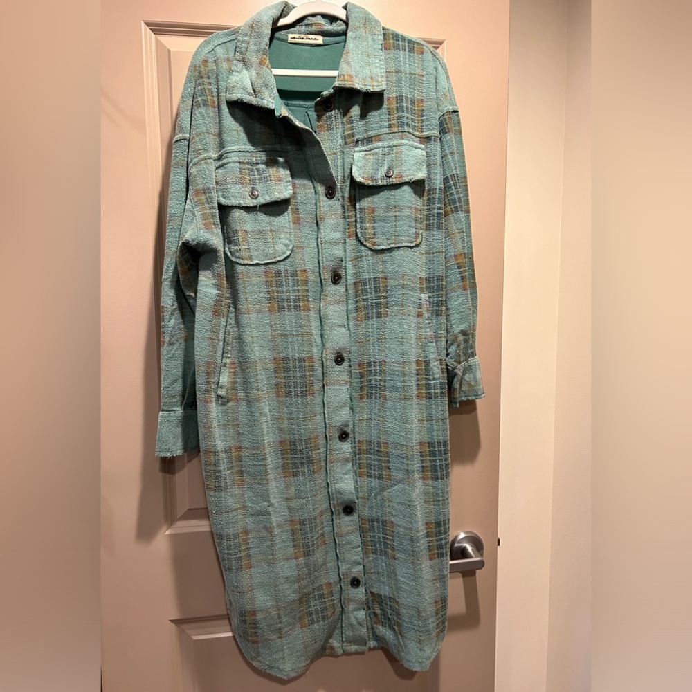 We The Free Long Plaid Button-Up Shirt Dress in Mint and Tan